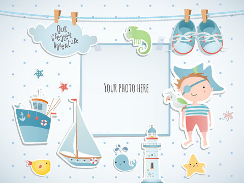Holiday card design with pirate and boat. Baby shower. Paper, scrapbook.