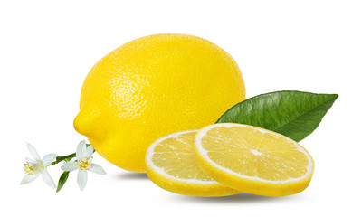 Fresh lemon  and slices with leaf and flower isolated on white background with clipping path