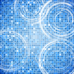 Summer pool top view vector background. Blue ceramic tile mosaic floor seen through transparent water. Holiday fun and relax. Swimming area with water ripples, highlights. Refreshing rain drop waves.