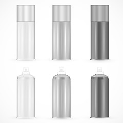 Spray product metallic bottles set for perfumes, deodoants, aerosol moisturizers for body or hair. Shiny surface material with copy space for beauty product branding. Design templates for merchandises