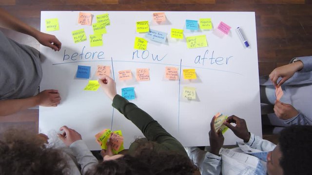 Top view of group of diverse colleagues planning business project during meeting and putting sticky notes on paper with progress chart in fast motion