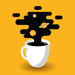 Cup of Fresh Coffee with Galaxy on Yellow Background