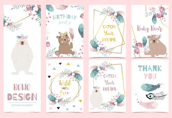 Collection of gold boho cards set with feather,flower,bear.Vector illustration for birthday invitation,postcard and sticker.Editable element - obrazy, fototapety, plakaty