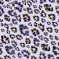 Leopard seamless print on a lilac background with multi-colored spots. Imitation of exotic animal fur