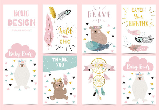 Collection of gold boho cards set with feather,dreamcatcher,bear.Vector illustration for birthday invitation,postcard and sticker.Editable element
