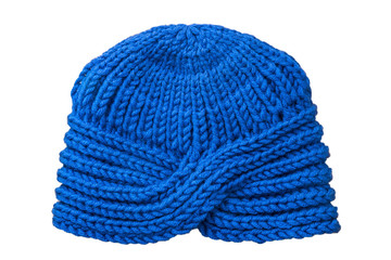 Blue knitted hat isolated on white background