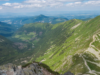 View from the Smutne sedlo saddle on Smutna dolina valley with Beautiful blue mountain lake Tatialkovo jezero with green mountain peaks , Western Tatras mountains, Rohace Slovakia, summer sunny day © Kristyna