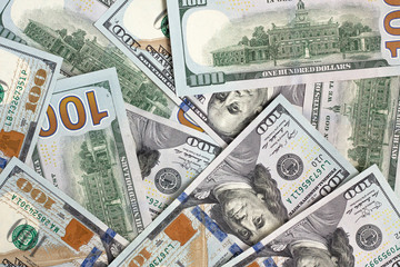 Money cash background. American one hundred dollar banknotes