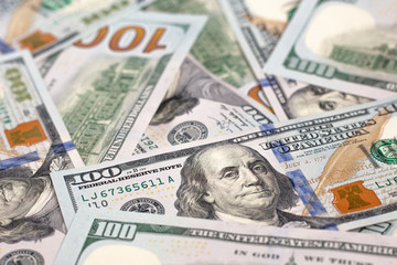 100 US dollar bills background. Money cash currency for economy news.