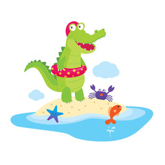 Crocodile with swimming ring on the beach, Summer vacation of alligator.