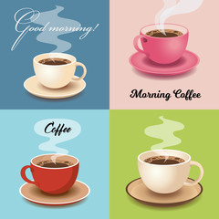 Set of Cards with Cups of Fresh Morning Coffee