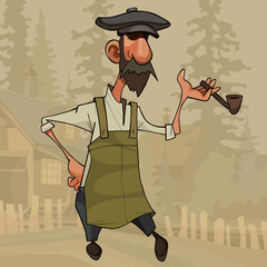 cartoon man standing in an apron and with a pipe in his hand