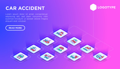 Car accident web page template with thin line isometric icons: crashed cars, tow truck, drunk driving, safety belt, traffic offense, car insurance, warning triangle. Modern vector illustration.