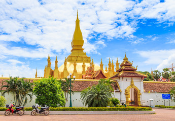 Vientiane Lao-July 6 2019 : Pha That Luang with blue sky background, Historical ancient golden...