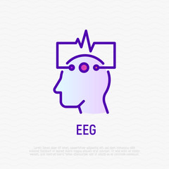 EEG: human head with electrodes thin line icon. Medical research. Diagnostic of brain activity. Modern vector illustration.