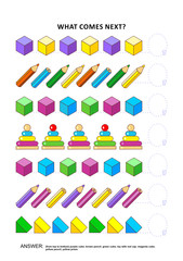 Educational logic game training sequential pattern recognition skills: What comes next in the sequence? Answer included.