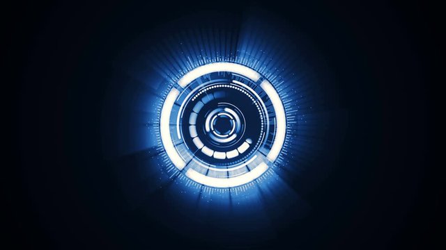 Abstract futuristic motion graphics circular clockwork mechanism assembles, rotates, turns on with glow. Digital isolated design background element. Technology mechanism activation concept 3D render