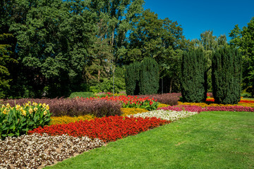 A view of a lawn and flower garden. beautiful park