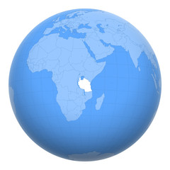 Tanzania on the globe. Earth centered at the location of the United Republic of Tanzania. Map of Tanzania. Includes layer with capital cities.