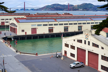 San Francisco, California / USA - May 15, 2018: Festival Pavilion - a large open pavilion building in the Fort Mason complex next to Marina Green and a view of the San Francisco Bay / Cowell theater