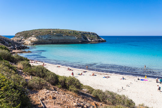 Lampedusa Island Sicily - Rabbit Beach with no people and Rabbit Island Lampedusa &ldquo;Spiaggia dei Conigli&rdquo; with turquoise water white sand at paradise beach.