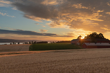 Sunset over farm in Norway