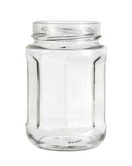 Glass bottle octagonal jam packaging (with clipping path) isolated on white background