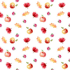 Autumn seamless pattern with dry yellow leaves, apple and flowers