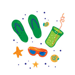 Summer concept. Beach symbols. Slippers, drink,sunglasses. Cartoon style with texture. Vector illustration. Colorful elements isolated on white. Template for banner, poster, flyer, greeting card 