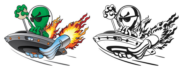 UFO Alien Hot Rod Isolated Vector Illustration in Full Color and Line Art
