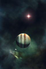 night sky with gas giant planet and nebula