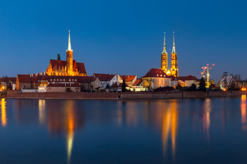 Cityscape, evening panorama - view of the city Wroclaw and its old district Ostrow Tumski, Lower Silesia Province, The Poland
