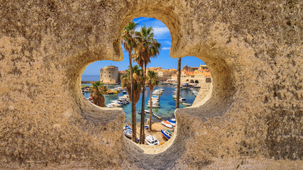 Coastal summer landscape - view of the City Harbour and marina of the Old Town of Dubrovnik on the Adriatic coast of Croatia