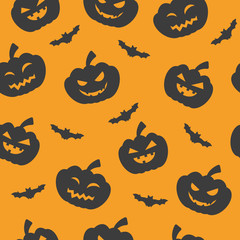 Halloween seamless pattern with pumpkins and bat. Pumpkin silhouettes with faces on an orange background.