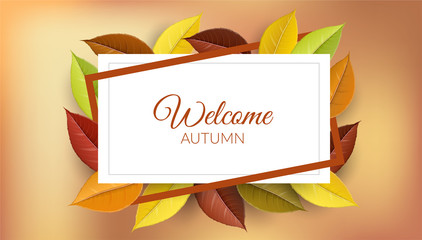 Autumn frame with yellow, orange and red colorful leaves and border. Vector illustration for horziontal banner design for fall design, sale background or other autumn template frame