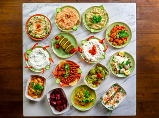 Assorted Turkish and Middle Eastern appetizers set called meze.