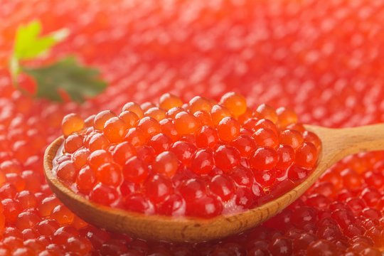 in a spoon red caviar healthy and tasty