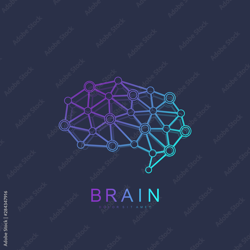 Poster Brain Logo silhouette design vector template with connected lines and dots. Artificial Intelligence Logo. Brainstorm think idea Logotype symbol icon concept