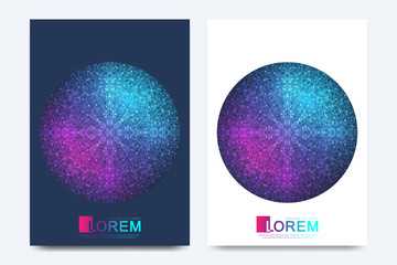 Modern vector template for brochure, leaflet, flyer, cover, banner, catalog, magazine, or annual report in A4 size. Glowing particles liquid dynamic flow. Futuristic circular pattern