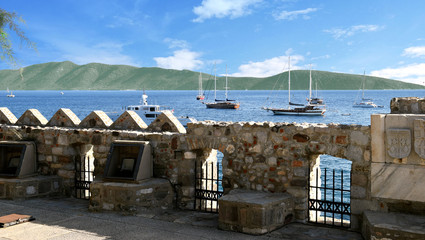 View from the fortress on the sea and yachts. Clear sunny day. Beautiful calm sea. Bodrum. Turkey.