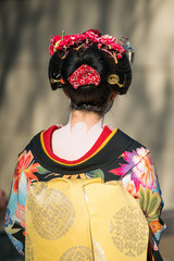 Maiko wearing a colorful kimono in the Gion district in Kyoto, Japan