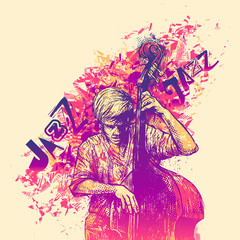 Design Jazz for poster with jazzman playing double bass. vector illustration. 
