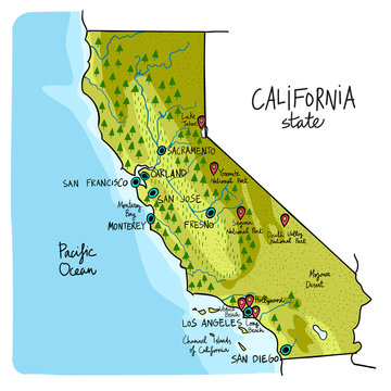 Map of California state of the USA, with landmarks.