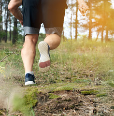 adult man in black shorts runs in the coniferous forest against the bright sun