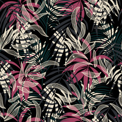Original abstract seamless pattern with colorful tropical leaves and plants on a dark background. Vector design. Jungle print. Floral background. Printing and textiles. Exotic tropics. Summer.