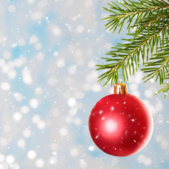 Fir tree branch with red toy and snowflakes. Winter holidays concept