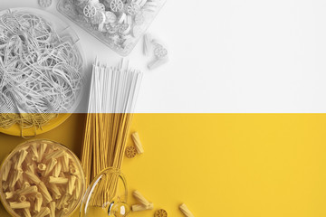 Fototapeta na wymiar Yellow brush strokes on a monochrome image of pasta and spaghetti on a white background. Creative conceptual illustration with copy space. Coloring of black and white image. 3D rendering.