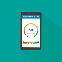 Close-up of a phone with app of credit score on screen. Concept personal credit rating information. Vector illustration in flat style.