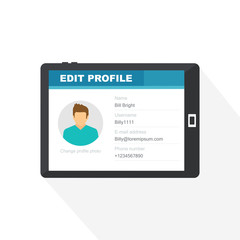Sign in page on tablet screen. Male avatar. Edit your profile. Vector flat illustration.