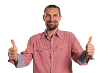 Middle-aged man with beard, mustache and short haircut posing isolated on white background. Sincere emotions concept.